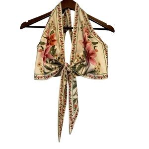 Women's Shein Tropical Floral Print Scarf Tie Halter Crop Top